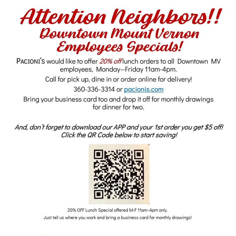 20% OFF Lunch for Downtown Mount Vernon Employees!